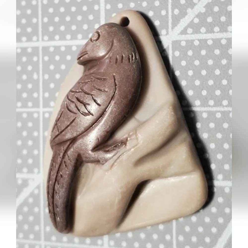 Hand Carved Stone Small Bird on Branch Pendant Bead - Picture 2 of 4